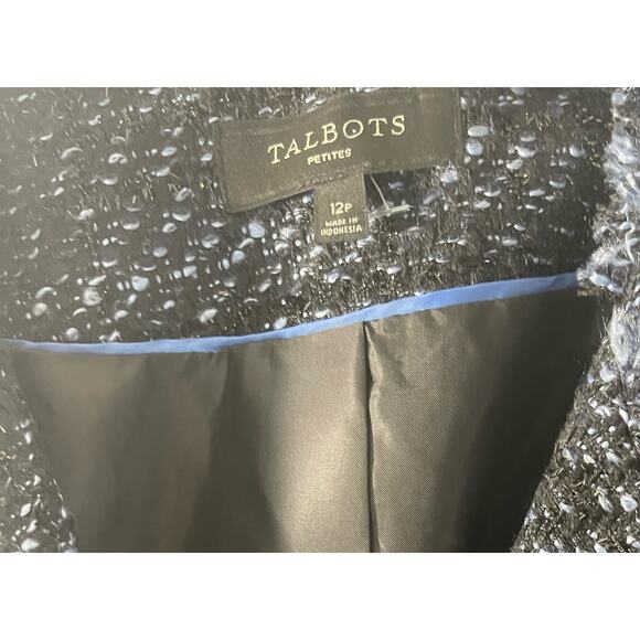 Talbots Metallic Shimmer Tweed Fringed Jacket Blazer Blue Black size 12Petite - Picture 3 of 6
